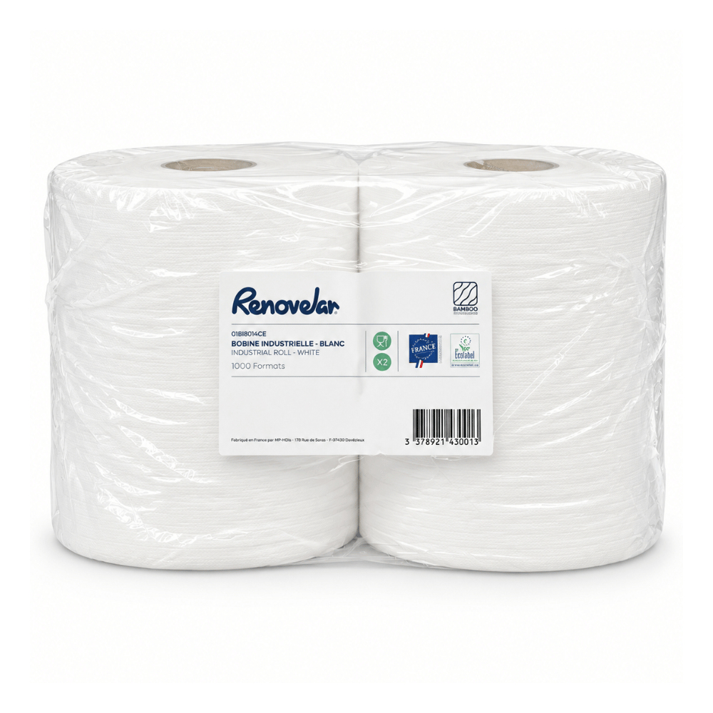 Lot de 2 Bobines essuyage industriel blanche 1000 formats 2 plis – MP HYGIÈNE