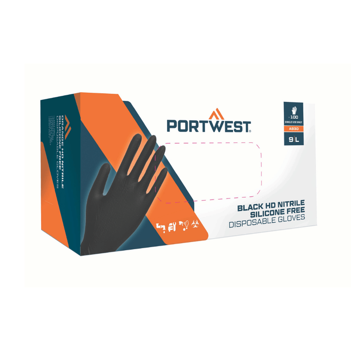 Gants nitrile jetables HD 0,18 mm A930 noirs x100 – Portwest