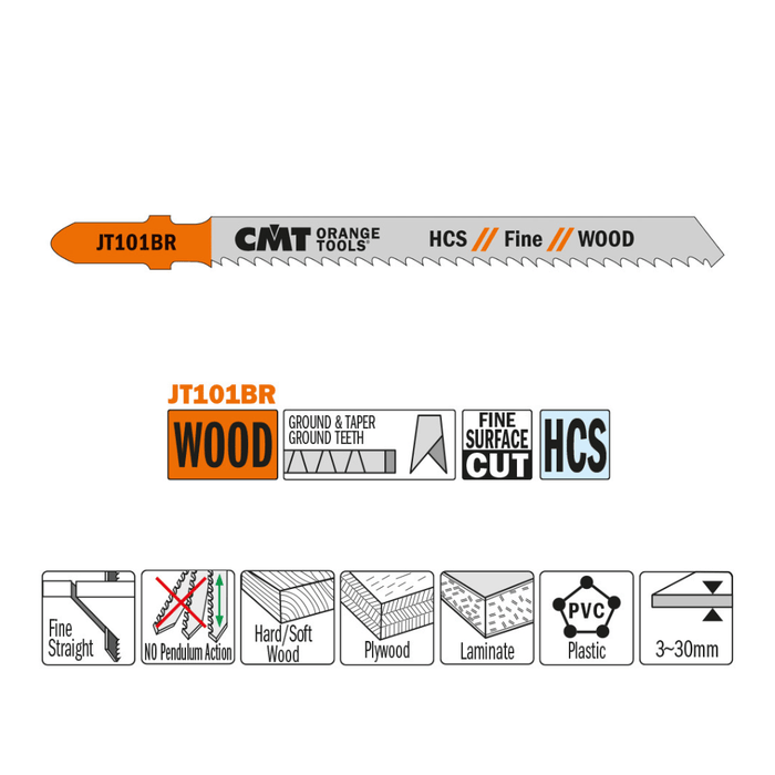 Caractéristique de la Lame scie sauteuse CMT JT101BR bois coupe fine inversée