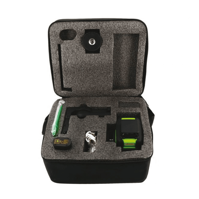 Vue du kit du Niveau laser 3 lignes vertes 360° auto-nivelant – WILMART