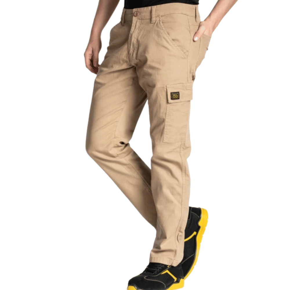 Vue de face du Pantalon charpentier stretch CARP camel – Rica Lewis