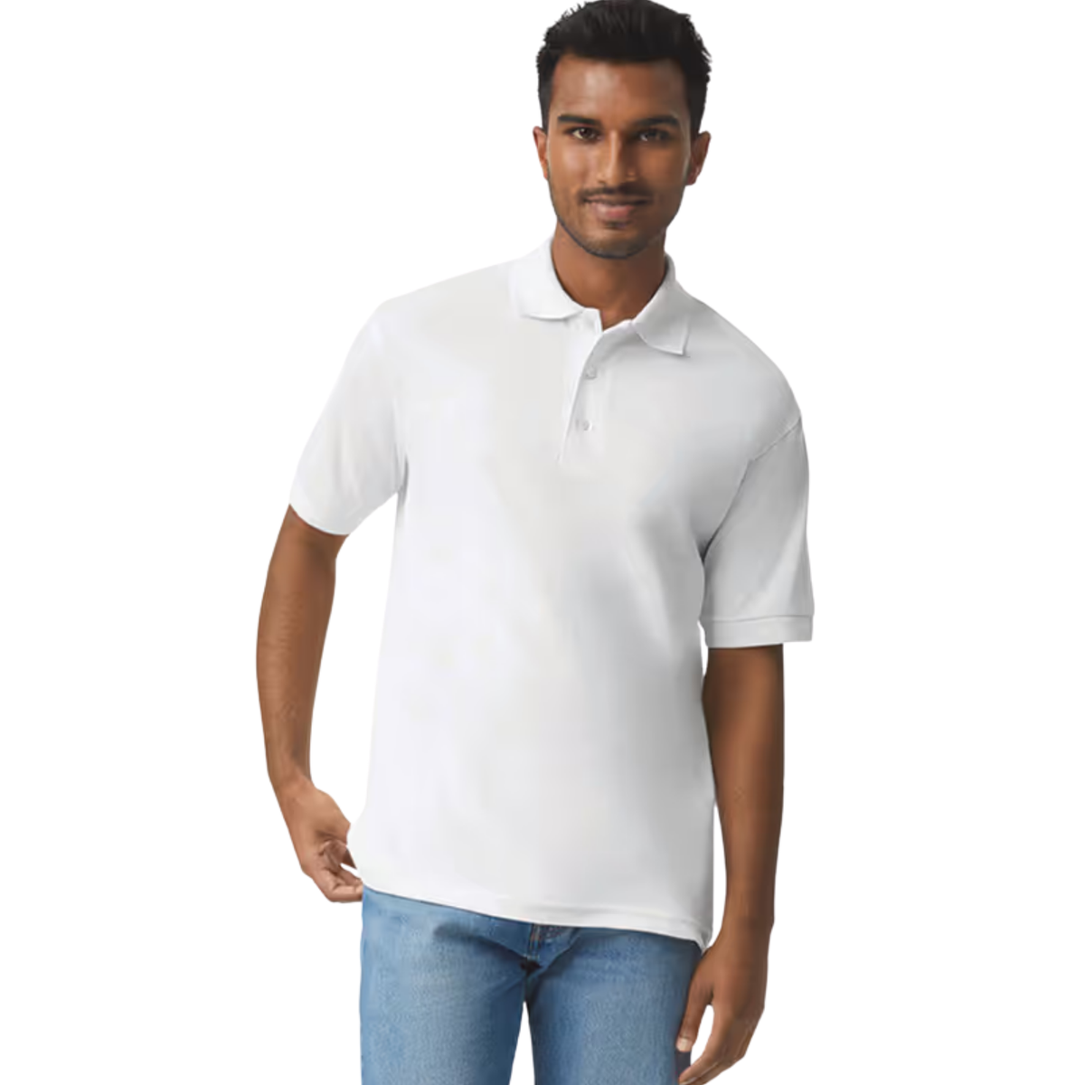 Vue de face portée du Polo homme blanc Gildan GI8800 DryBlend® respirant